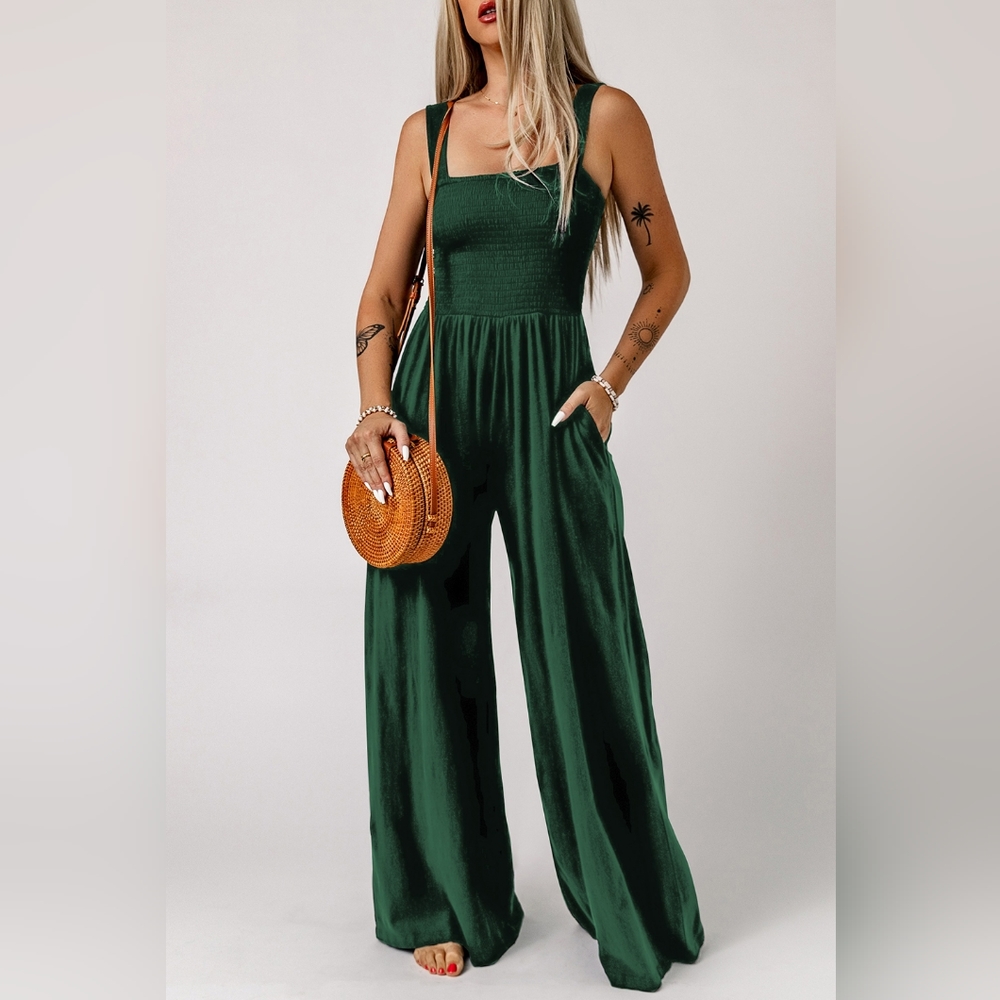 Smocked Square Neck Wide Leg Jumpsuit with Pockets